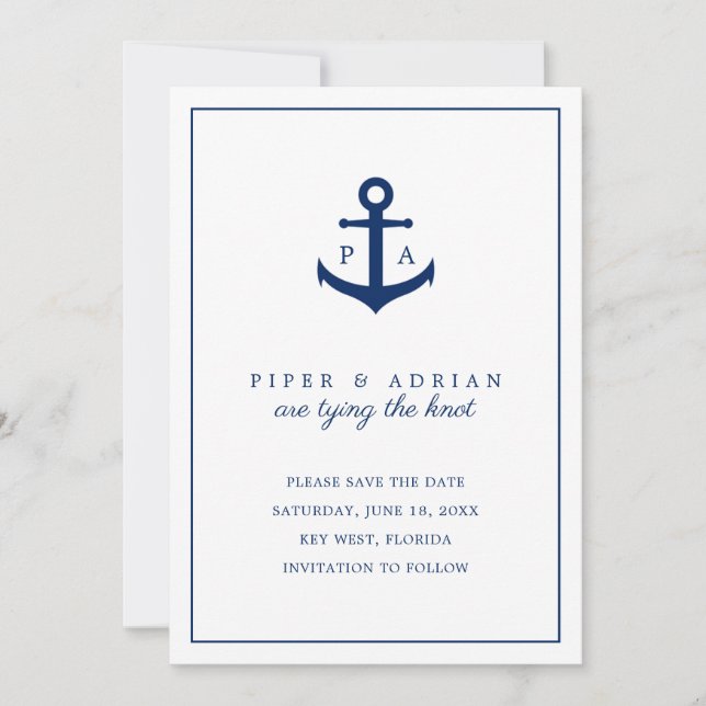 Die Bindung der Knot Monogram Navy Blue Anchor Nau Save The Date (Vorderseite)