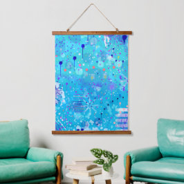 Die Blasenmaschine: Blaue abstrakte Kunst  Wandteppich Mit Holzrahmen