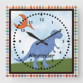 Die blaue Dinosaurier-Wall-Uhr des Kindes Quadratische Wanduhr