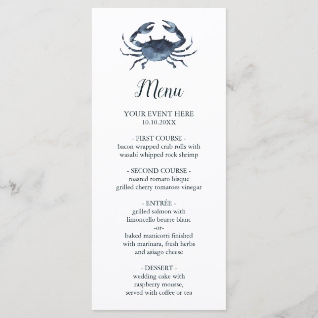 Die blaue Krabbe | Nautical Wedding Menu Menükarte (Vorderseite)