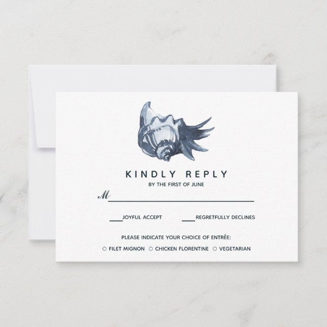 Die blaue Seashell | Hochzeitsrabatt mit Essenswah RSVP Karte (Vorderseite)