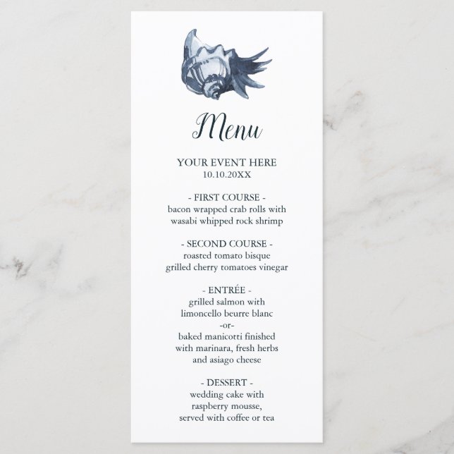 Die blaue Seashell | Nautical Wedding Menu Menükarte (Vorderseite)