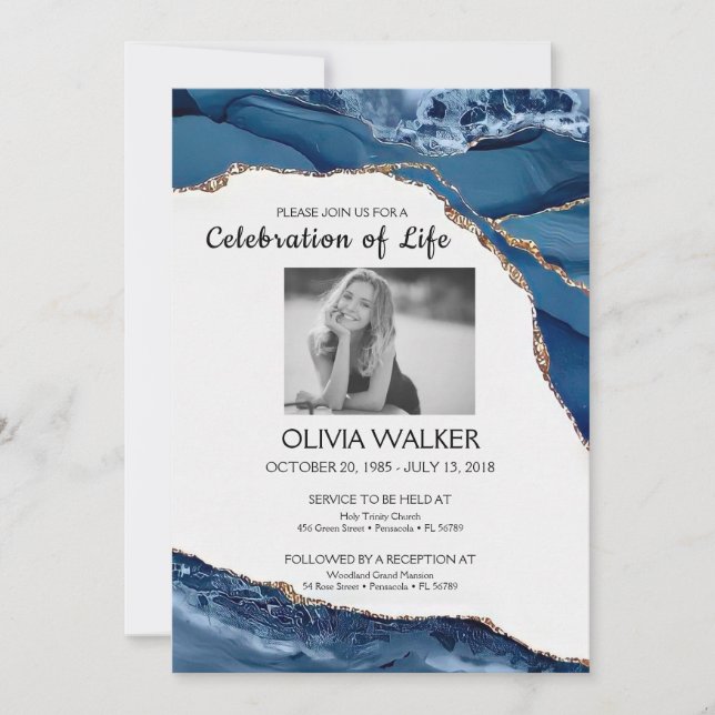 Die blaue und goldene Beerdigung feiern das Leben Einladung (Vorderseite)