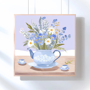 Die blühende Kanne   Blaue Wasserfarben-Teemalerei Poster