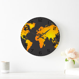 Die blühende Weltkarte in orange und gelb Große Wanduhr