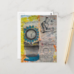 Die Blumen-Uhr Mixed Media Collage Postkarte