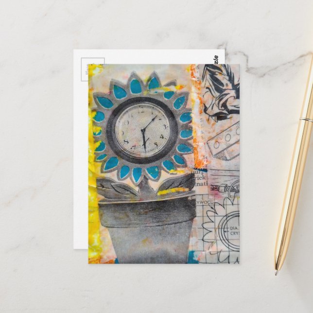 Die Blumen-Uhr-Pläne Mixed Media Collage Postkarte (Vorderseite/Rückseite Beispiel)