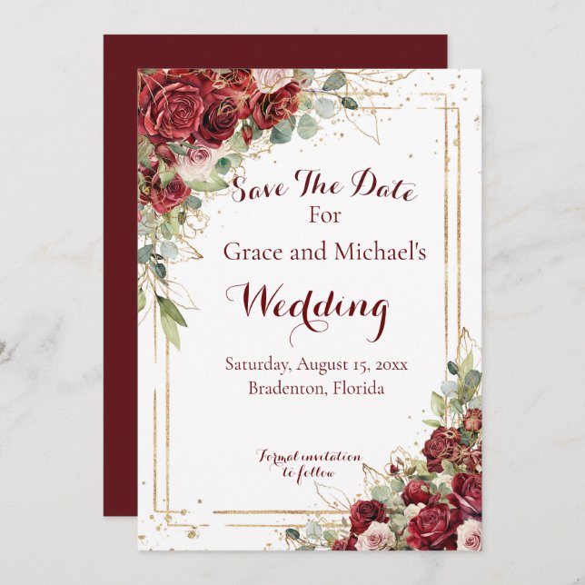 Die Blushing-Bride-Rote Rose-Hochzeit Save The Date (Vorne/Hinten)