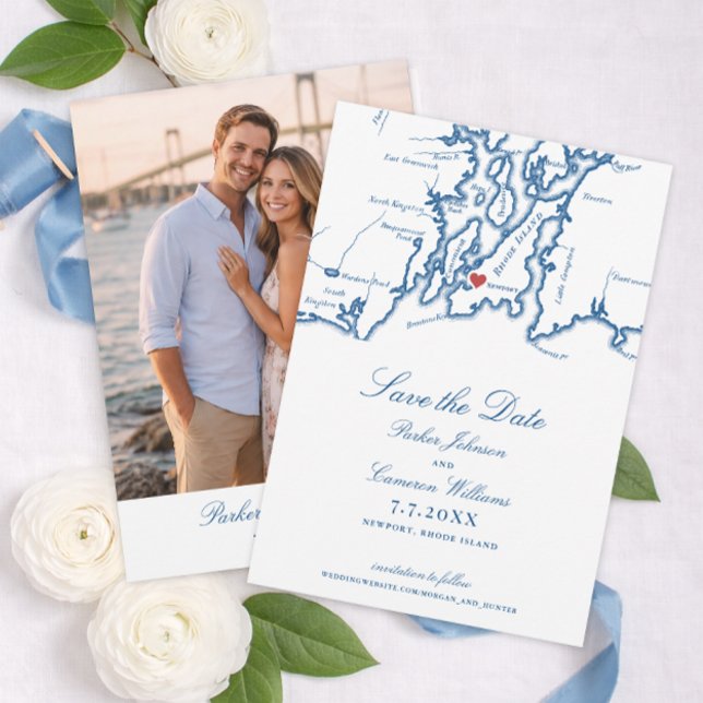 Die Bohlin Save the Date mit Foto Newport Harbor (The Bohlin Save the Date with Photo – Newport Harbor Wedding Map Card by Coastal Map Designs)