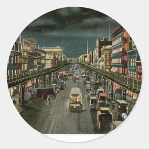 Die Bowery, bei Nacht, New York. Vintage. Runder Aufkleber