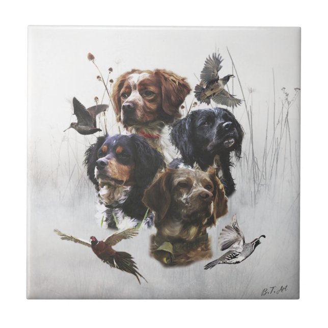 Die Bretagne-Spaniels, die Vogeljagdsaison Fliese (Vorderseite)