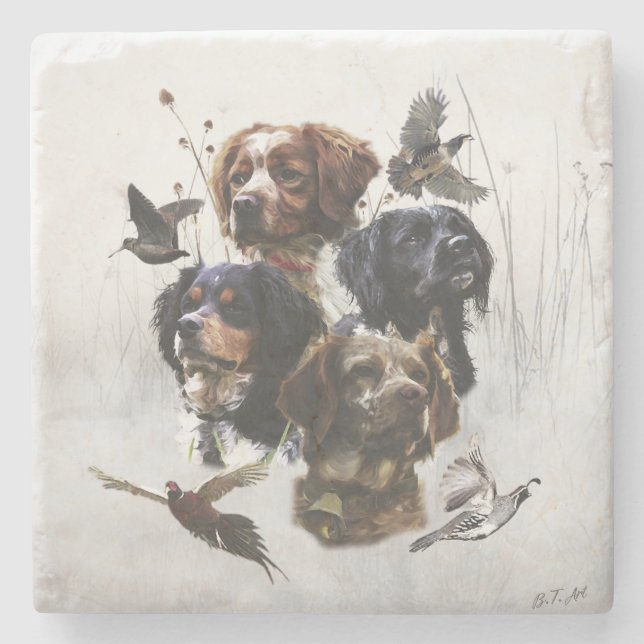 Die Bretagne-Spaniels, die Vogeljagdsaison Steinuntersetzer (Vorderseite)