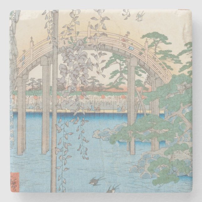 Die Brücke mit Glyzinien oder Kameido Tenjin Steinuntersetzer (Vorderseite)