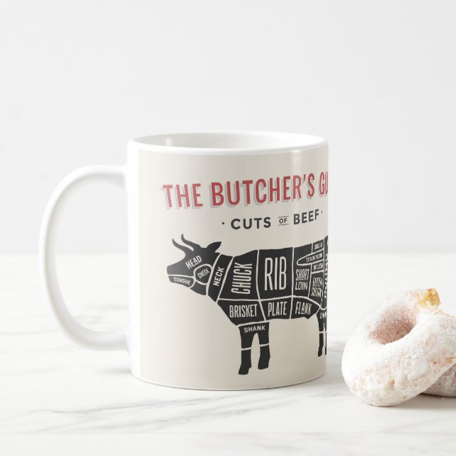 Die Butcher führen Teile von Rindfleisch Kaffeetasse (Mit Donut)