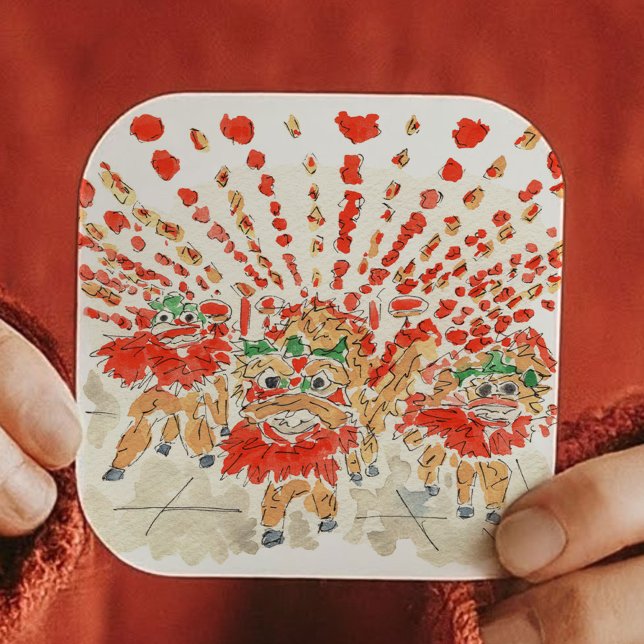 Die chinesische Löwentanzfarbe Quadratischer Aufkleber (The Chinese Lion Dance Watercolor Square Sticker)