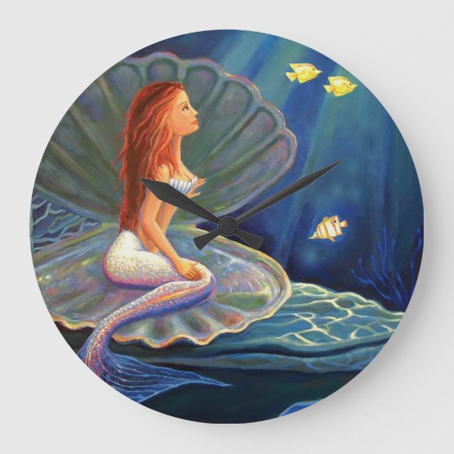 Die Clamshell Mermaid Art Wall Clock Große Wanduhr (Vorderseite)