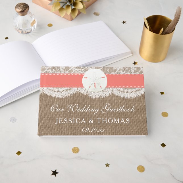 Die Coral Sand Dollar Beach Wedding Collection Gästebuch (Vorderseite Offen)