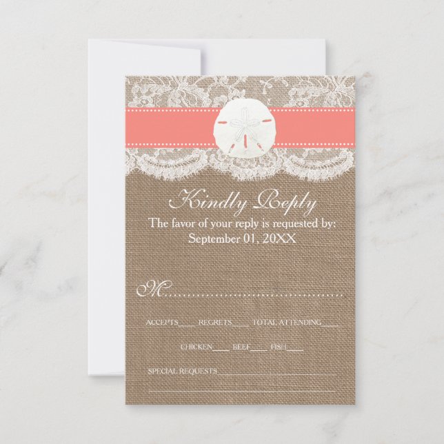 Die Coral Sand Dollar Beach Wedding Collection RSVP Karte (Vorderseite)