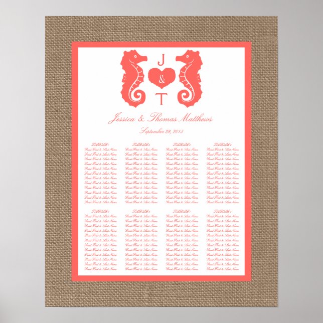 Die Coral Seahors Burlap Beach Wedding Collection Poster (Vorne)