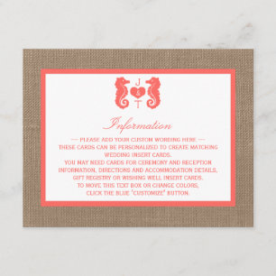 Die Coral Seepferd Burlap Beach Wedding Collection Begleitkarte