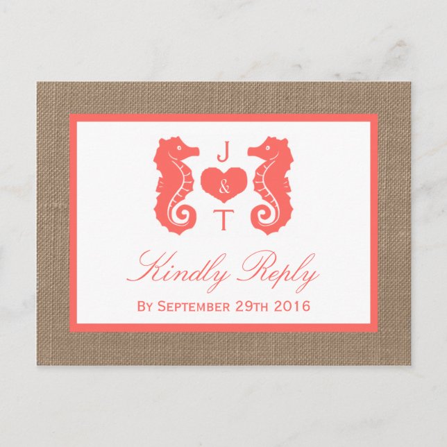 Die Coral Seepferd Burlap Beach Wedding Collection Einladungspostkarte (Vorderseite)