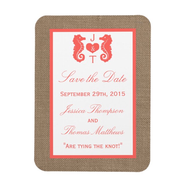 Die Coral Seepferd Burlap Beach Wedding Collection Magnet (Vertikal)