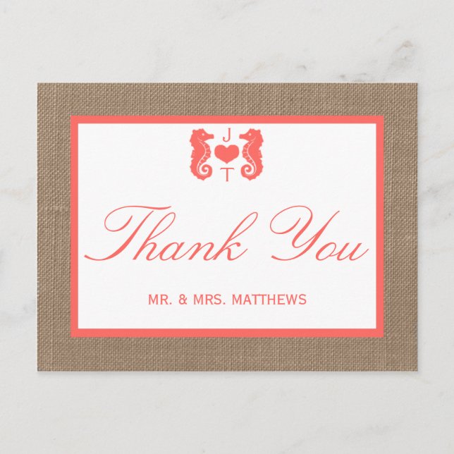 Die Coral Seepferd Burlap Beach Wedding Collection Postkarte (Vorderseite)