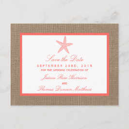 Die Coral Starfish Burlap Beach Wedding Collection Ankündigungspostkarte
