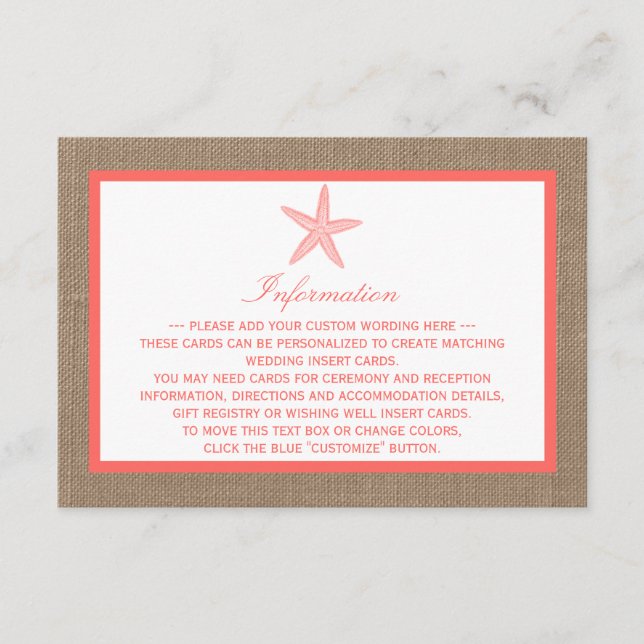 Die Coral Starfish Burlap Beach Wedding Collection Begleitkarte (Vorderseite)