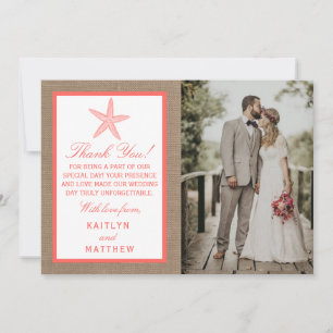 Die Coral Starfish Burlap Beach Wedding Collection Dankeskarte