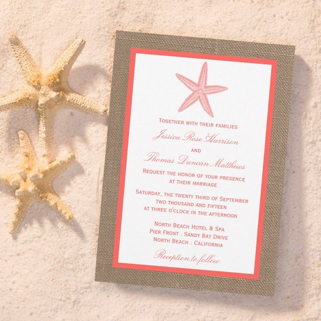 Die Coral Starfish Burlap Beach Wedding Collection Einladung (Von Creator hochgeladen)
