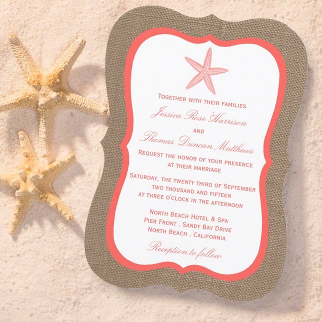 Die Coral Starfish Burlap Beach Wedding Collection Einladung (Von Creator hochgeladen)