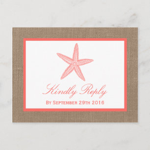 Die Coral Starfish Burlap Beach Wedding Collection Einladungspostkarte