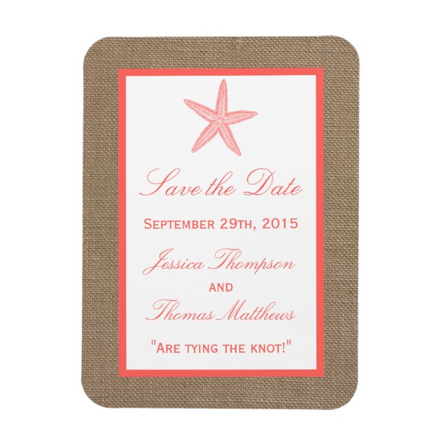 Die Coral Starfish Burlap Beach Wedding Collection Magnet (Vertikal)