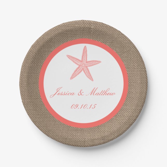 Die Coral Starfish Burlap Beach Wedding Collection Pappteller (Vorderseite)