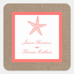 Die Coral Starfish Burlap Beach Wedding Collection Quadratischer Aufkleber