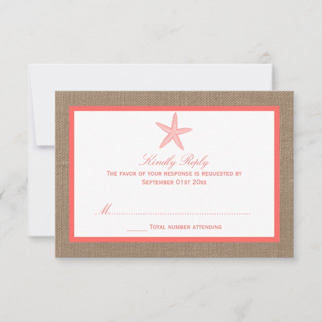 Die Coral Starfish Burlap Beach Wedding Collection RSVP Karte (Vorderseite)