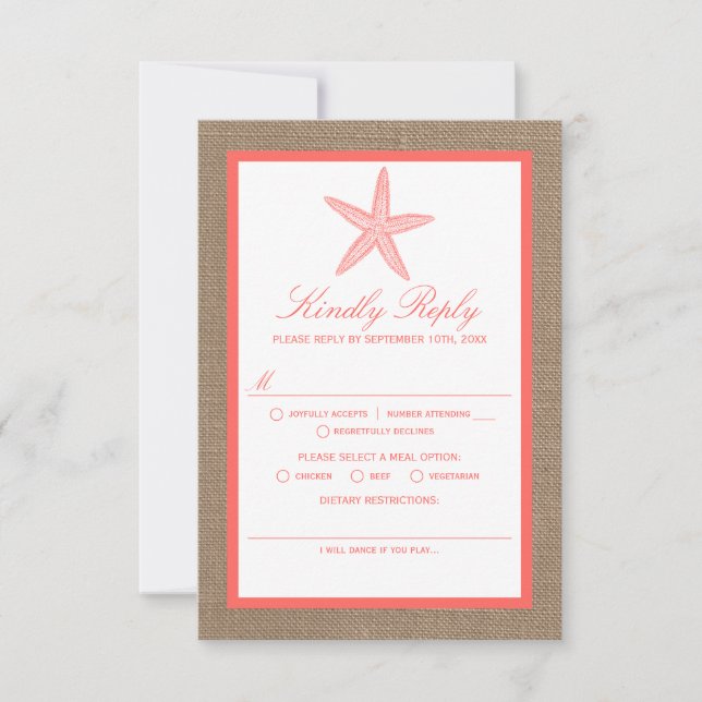 Die Coral Starfish Burlap Beach Wedding Collection RSVP Karte (Vorderseite)