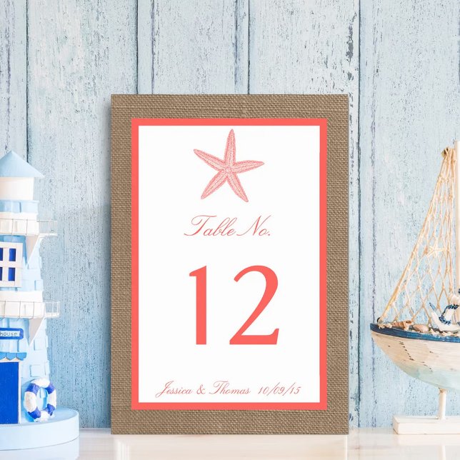 Die Coral Starfish Burlap Beach Wedding Collection Tischnummer (Von Creator hochgeladen)