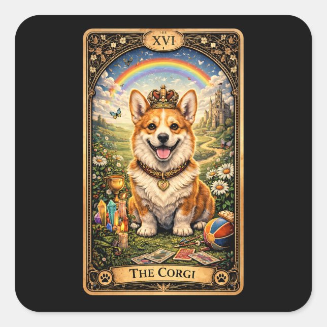 Die Corgi-Tarotkarte Quadratischer Aufkleber (Vorderseite)