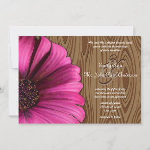 Die Cut Fuchsia Gerber Daisy Wood Grain Wedding Einladung