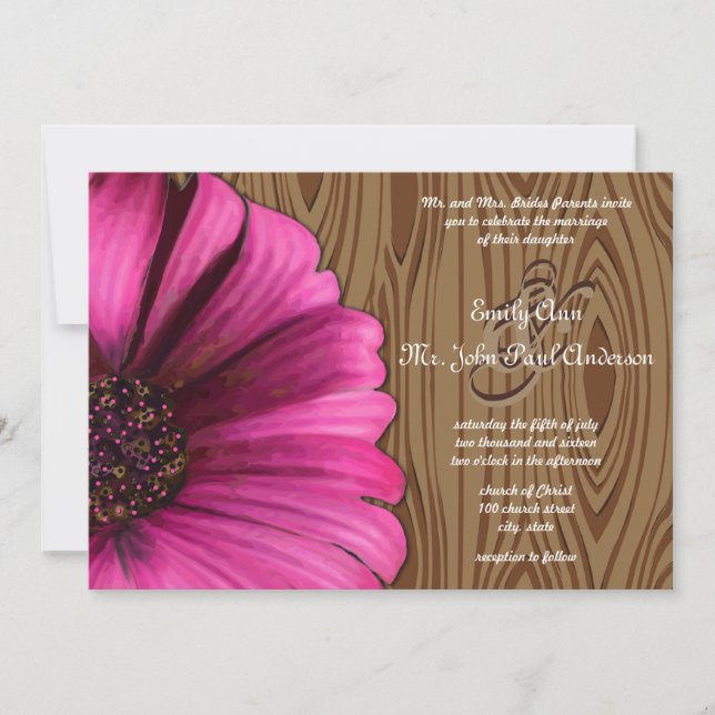 Die Cut Fuchsia Gerber Daisy Wood Grain Wedding Einladung (Vorderseite)