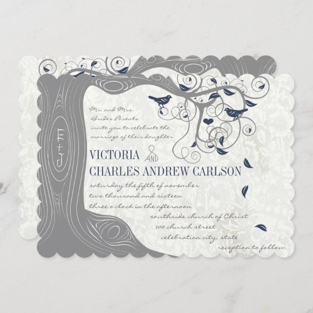 Die Cut Gray Navy Love Bird Hochzeit Einladungen (Vorne/Hinten)