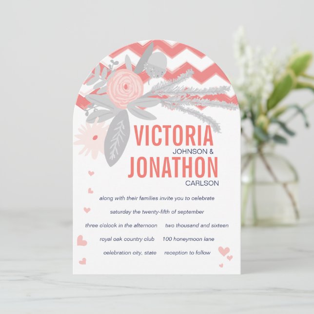 Die Cut Peachy Pink Gray Navy Blumenauna Hochzeit Einladung (Stehend Vorderseite)