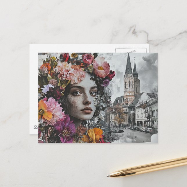 Die Dame Collage mit Blumen und Gebäuden Postkarte (Vorderseite/Rückseite Beispiel)