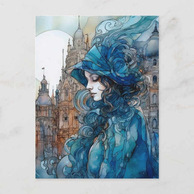 Die Dame in blauer Stadt Postkarte (Vorderseite)