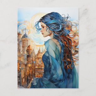 Die Dame in der Stadt mit blauer Haare Postkarte