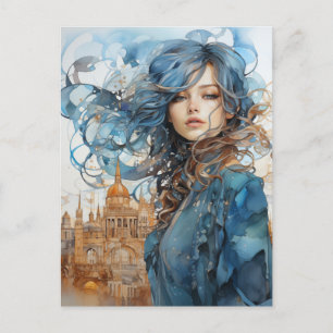 Die Dame in der Stadt mit blauer Haare Postkarte