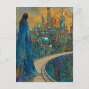 Die Dame in der Stadt verkleidet in elegantem Blau Postkarte