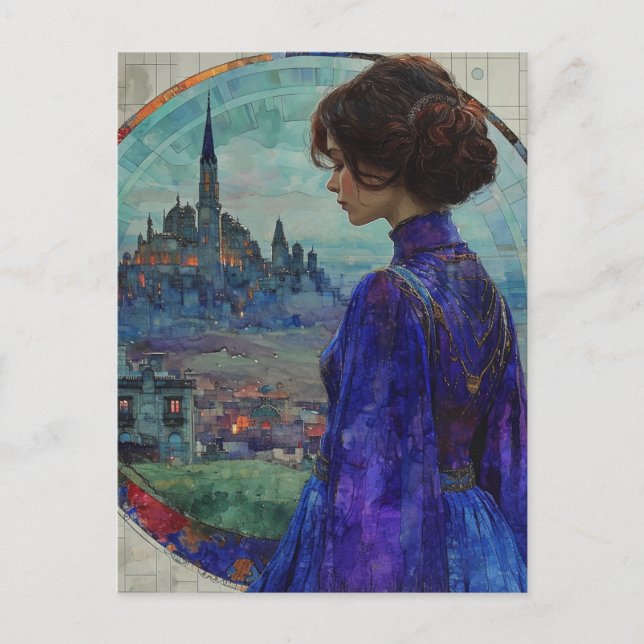 Die Dame in der Stadt verkleidet in elegantem Blau Postkarte (Vorderseite)
